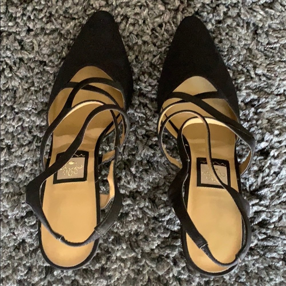 Nina black satin size 8M strap 3” heels